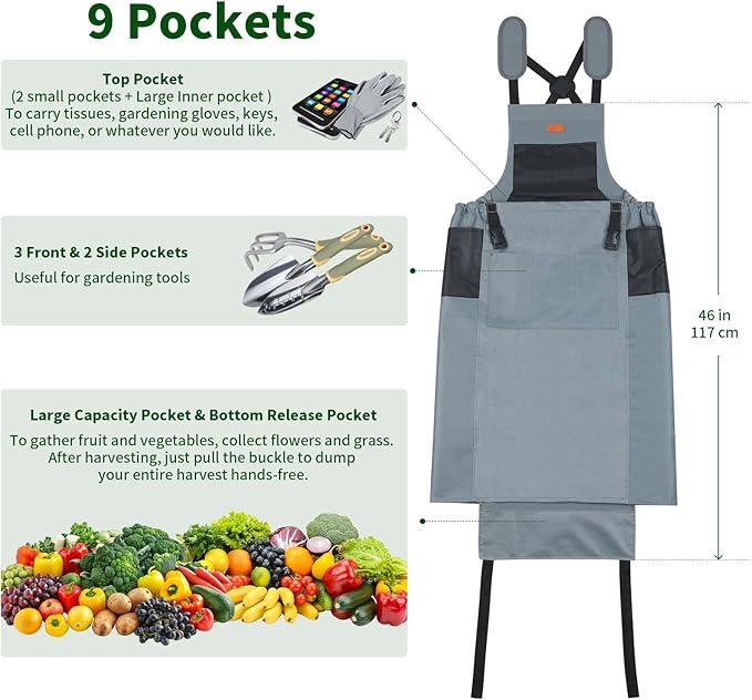 Garden Harvest Apron, Gardening Apron with Bottom Release Pocket for Women and Men, Gardening Gift for Gardeners