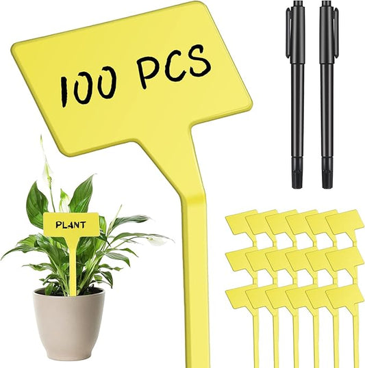Yinkin 100 Pcs Large Plant Label Signs 11.8 Inch Plant Markers Plastic Garden Label Stakes Waterproof T Type Tags Nursery Garden Signs with Marker Pen for Flower Herb Pot(Yellow)