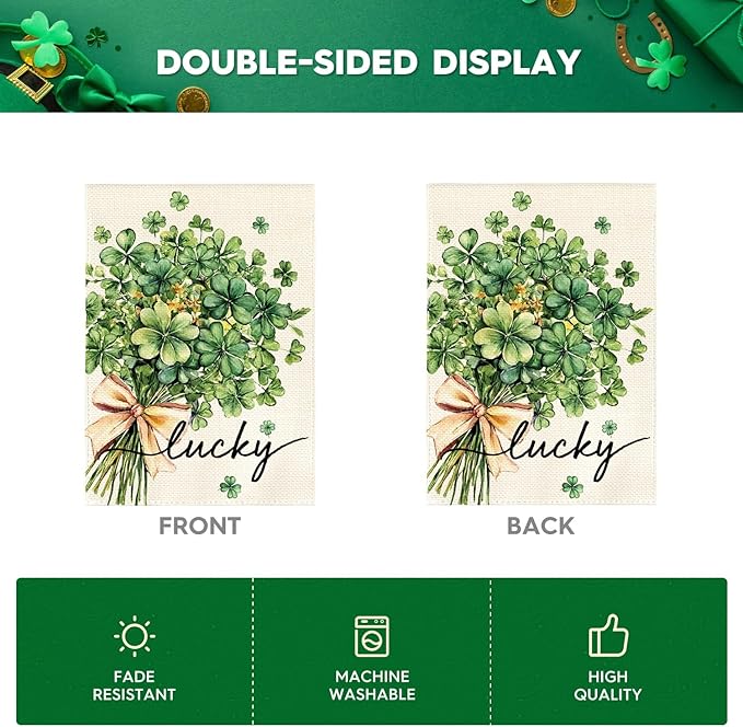 AVOIN colorlife St Patricks Day Garden Flag 12x18 Inch Double Sided Outside, Floral Lucky Shamrocks Clovers Yard Outdoor Flag