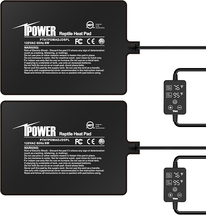 iPower 6 by 8 Inch 8W Reptile Heating Pad with Adjustable Thermostat, Under Tank Warmer Terrarium Heat Mat for Turtles/Snakes/Lizards/Frogs, 2 Pack