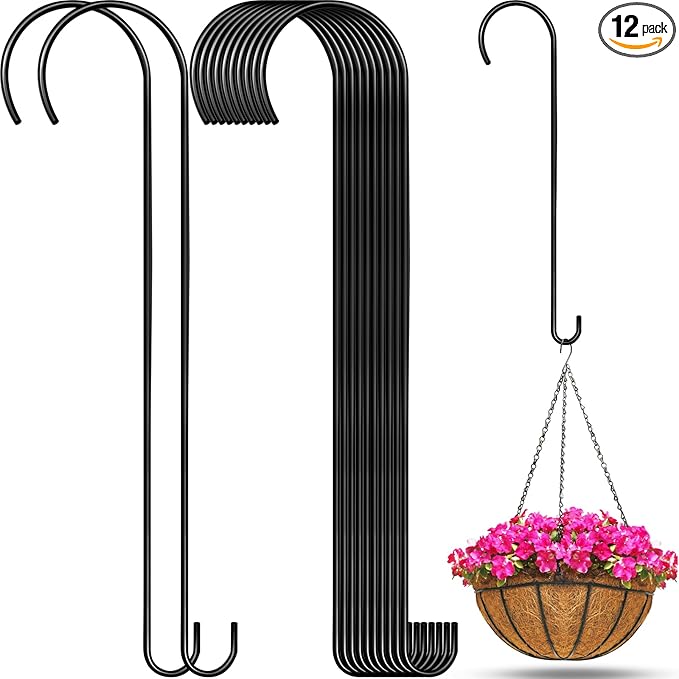 12 Pack 24 Inch Long S Hooks for Hanging Plants, Heavy Duty Metal Tree Branch Hangers Extenders for Bird Feeders Flower Baskets Wind Chimes Black Vinyl Coated Garden Hook