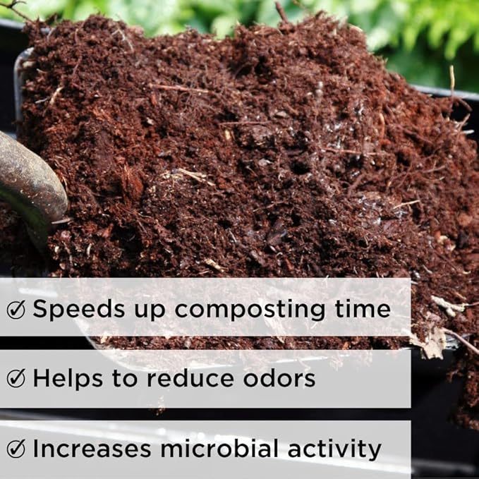 Dr. Connie’s Compost Plus – 100X Concentrated Starter & Accelerator | Natural Microbe Activator for Bins, Tumblers & Piles | Odor Control Garden Waste Additive (Indoor & Outdoor)