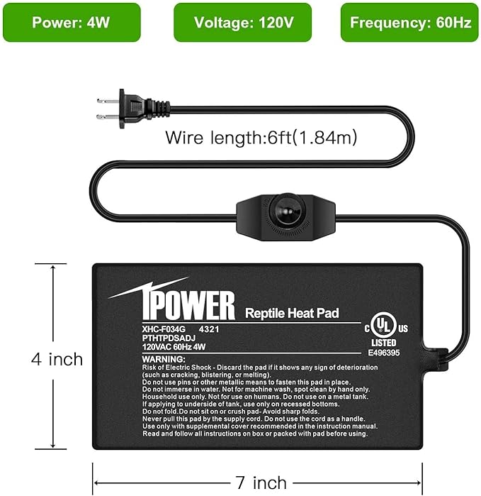 iPower 4 by 7 Inch Reptile Heating Pad with Temperature Adjustable Controller Knob, Under Tank Warmer Terrarium Heat Mat for Reptiles and Amphibians