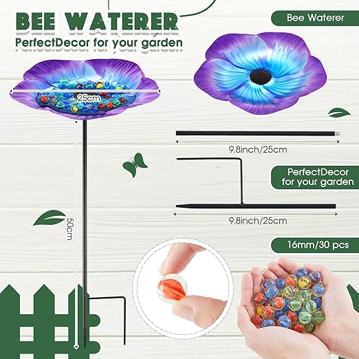 Tandefio 2 Pack Bee Watering Station Metal Butterfly Water Feeder Cup with 60 Colorful Glass Marble Vivid Flower Butterfly Bee Bath Bowl for Outdoor Garden Yard Decor(Blue Purple)