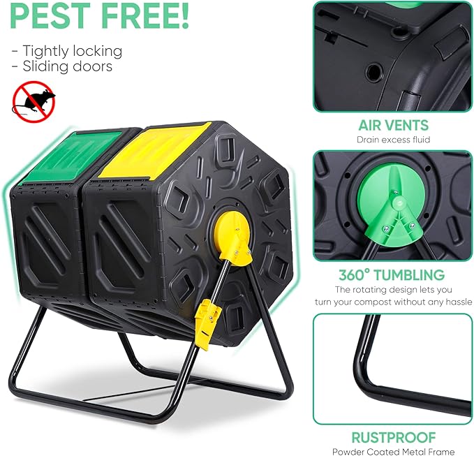 37 Gallon Compost Bin Outdoor BPA Free Dual Chamber Tumbling with 2 Sliding Doors, All-Season, Heavy-Duty, High Capacity Composter