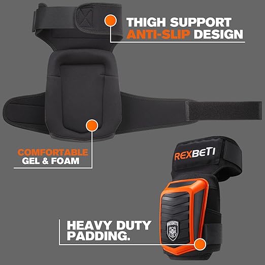REXBETI New Upgraded Knee Pads for Work, Construction Knee Pads for Men, Heavy Duty Comfortable Anti-Slip Foam Gel Knee Pads for Gardening Flooring and Cleaning, Extra 4 Extension Straps, Orange
