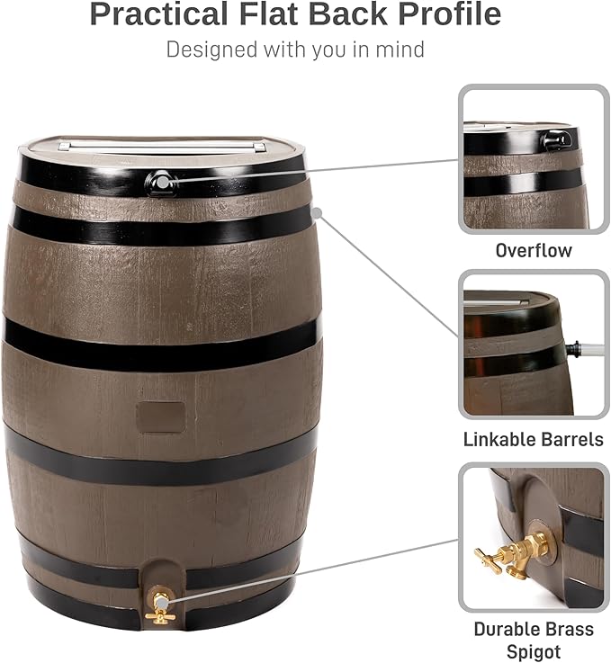 RTS Home Accents 50-Gallon Rain Barrel with Link Kit, Flat Back Rain Water Collection Barrel, Link Kit Included, Woodgrain with Black Stripes (2 Pack)