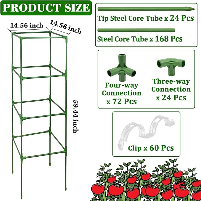 ZeeDix 6 Pack Heavy Duty Tomato Cages for Garden 60 Inches, Square Adjustable Tomato Trellis Cage Climbing Plant Support Trellis Plant Cages for Climbing Vegetables Flowers with 40Pcs Clips