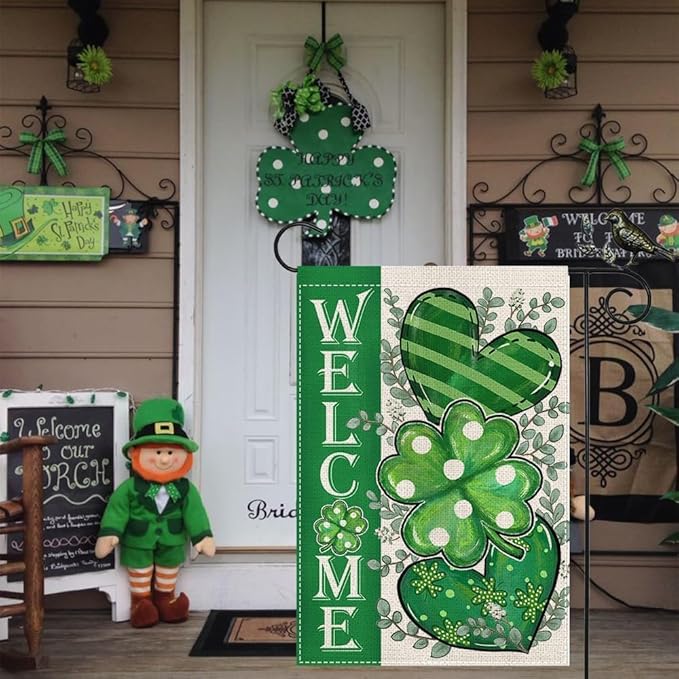 GEEORY St Patricks Day Garden Flag 12.5 x 18 Inch, Shamrock Hearts Welcome Double Sided Decorative Flag For Outside Yard Lawn Decoration GB009-12