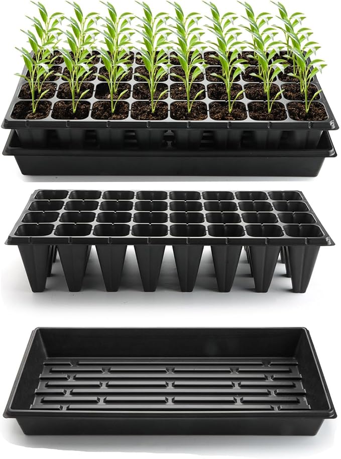 10 Pack 1020 Trays No Holes and 10 Pack 4.3" Deep 32 Cell Seed Starter Trays, 20" x 10" - Heavy Duty Plastic Nursery Flats for Seed Germination & Plant Propagation (10 Sets)