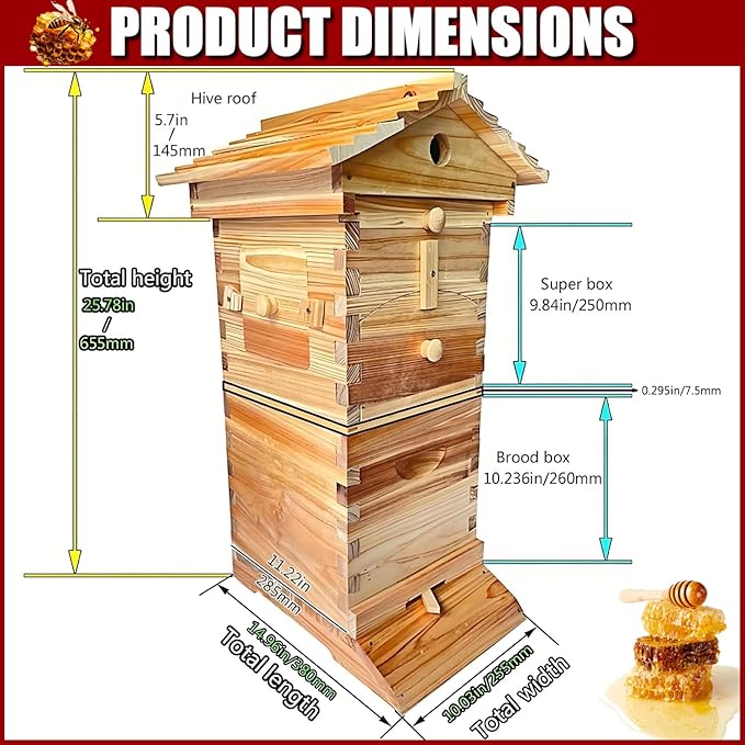 Beehive Starter Kit, Self-Flowing Honey Beehive with Observation Window and Honey Spout, Includes 4 bee Frames and 6 Honeycomb Trays for Beekeeping,Garden Pollinators