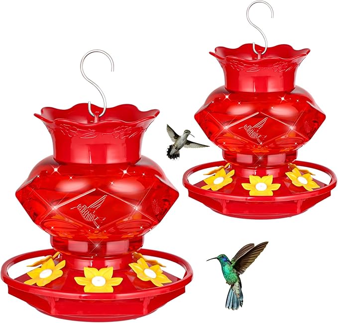 Hummingbird Feeders for Outdoors Hanging Ant and Bee Proof, 18OZ Diamond Humming Bird Feeders for Outside Circular Perch with Leak Proof & 6 Feeding Ports, Gifts for Women, Red 2 Pack Plastic