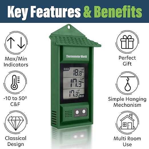 Digital Max Min Thermometer - Monitor Max and Min Temperatures with This Handy Greenhouse Thermometer Garden Accessories Easily Wall Mounted Maximum Minimum
