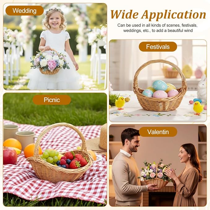 Kisangel Wicker Picnic Basket with Handle, 8.66 x 7.07 x 7.87in Wicker Flower Basket Small Storage for Weddings, Garden Home Fruits Vegetable Decor