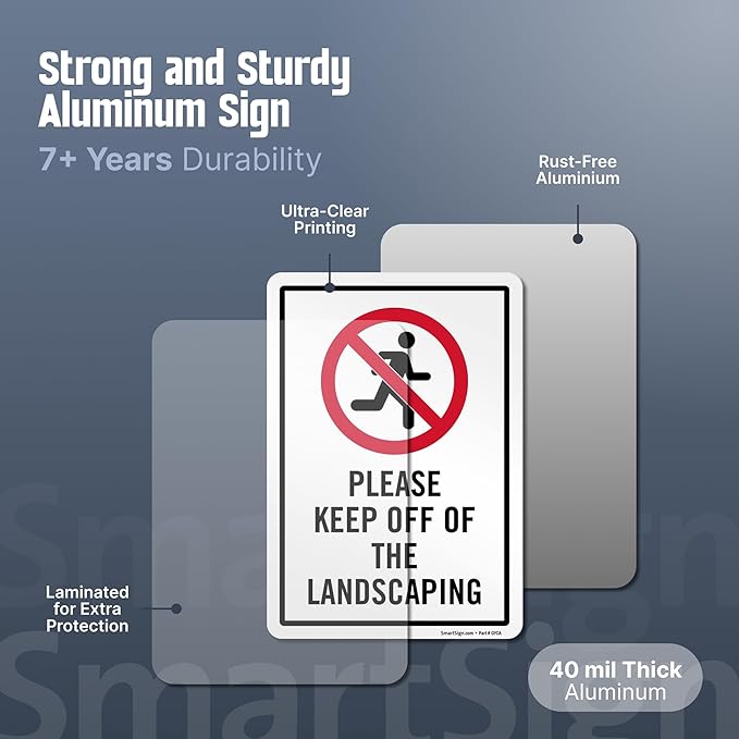 SmartSign 10 x 7 inch “Please Keep Off Of The Landscaping” LawnPuppy Yard Sign and 18 inch Stake Kit, 40 mil Laminated Rustproof Aluminum, Red, Black and White, Set of 1, Made in USA