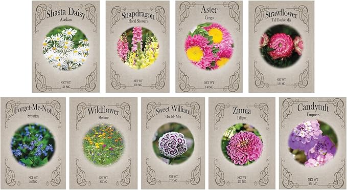 Cottagecore Flower Garden Seed Kit – 9 Whimsical & Vintage Blooms for a Charming Garden – Non-GMO & Heirloom Seeds – Includes Shasta Daisy, Snapdragons, Aster, Forget Me Not, Zinnia & More