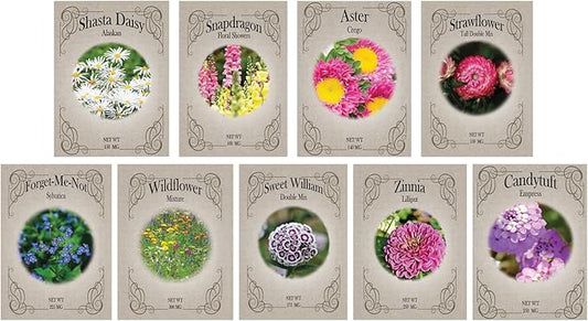 Cottagecore Flower Garden Seed Kit – 9 Whimsical & Vintage Blooms for a Charming Garden – Non-GMO & Heirloom Seeds – Includes Shasta Daisy, Snapdragons, Aster, Forget Me Not, Zinnia & More