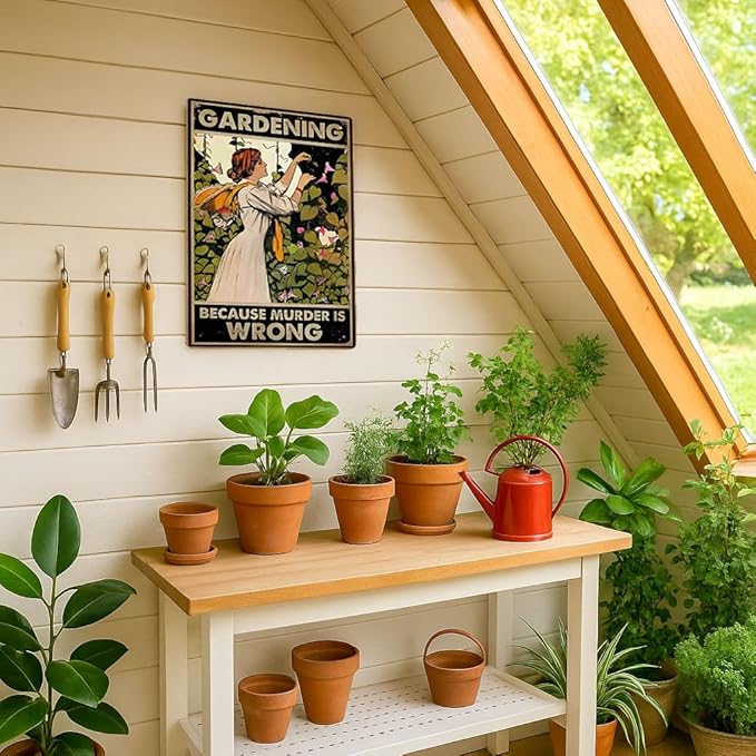 Funny Gardening Sign Garden Gift For Woman– BECAUSE MURDER IS WRONG - 12x8 Inch Vintage Metal Wall Décor Sign for Garden, Greenhouse, Patio, Yard or Outdoor Shed (Earth tones)
