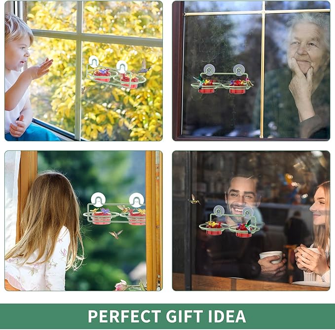 2 Pack Window Hummingbird Feeder, Small Hummingbird Feeder for Outdoors with Strong Suction Cup - Metal Base & 6 Feeding Ports, Easy to Clean and Refill, Green