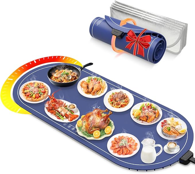 Food Warming Mats for Countertop Extra Large(XXL 36"x15"),Electric Heating Pad for Food,Roll Up Silicone Warmer Mat for Party and Kitchen,Practical Birthday Gift for Mom and Women(Blue)