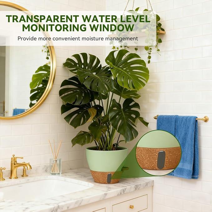 8/9/10 Inch Large Self Watering Pots, Plastic Flower Pots with Multi Mesh Drainage Holes and Water Level Indicator & Deep Reservoir for Indoor Outdoor Garden Plants and Flowers (Green)
