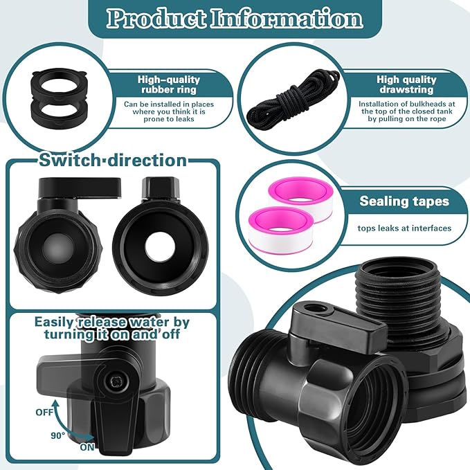 4 Pack Rain Barrel Spigot Kit, 3/4'' GHT Shut Off Valve with Bidirectional Thread Bulkhead Fitting, Plastic Garden Hose Faucet Adapter for Water Tanks, Rain Barrels & Containers