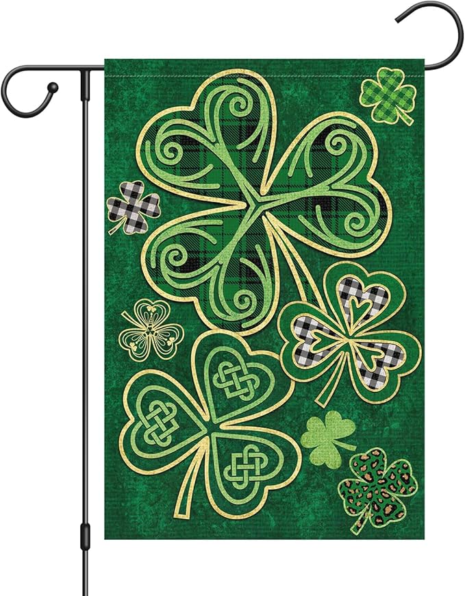 Louise Maelys Welcome St. Patrick's Day Garden Flag 12x18 Double Sided Vertical, Burlap Spring Small Lucky Shamrock Clover Yard Banner Sign Buffalo Plaid Home Outside Outdoor Decor