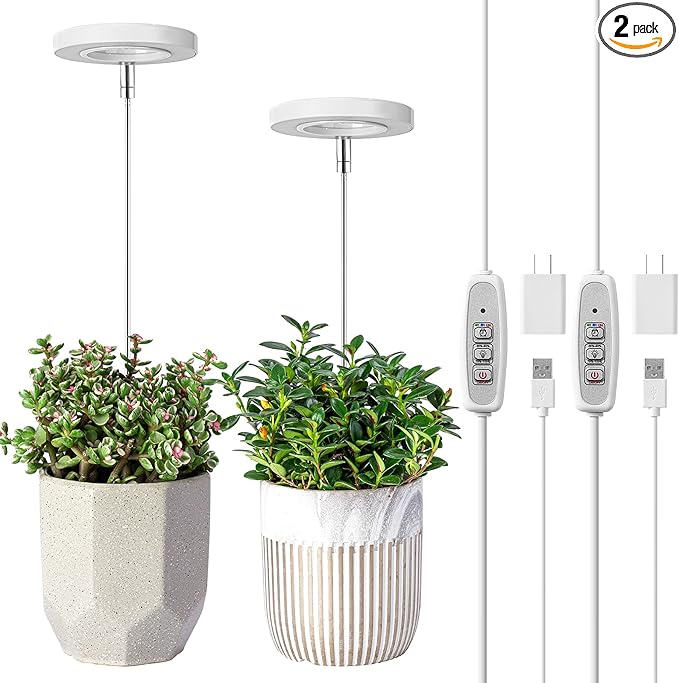 LORDEM Grow Light, Full Spectrum LED Plant Light for Indoor Plants, Height Adjustable Growing Lamp with Auto On/Off Timer 4/8/12H, 4 Dimmable Brightness, Ideal for Small Plants, 2 Packs