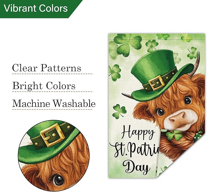 Louise Maelys Happy St Patrick's Day Garden Flag Highland Cow Clover Shamrock 12x18 Inch Double Sided Welcome Small Burlap Saint Patricks Spring Holiday Yard Outdoor Outside House Decor