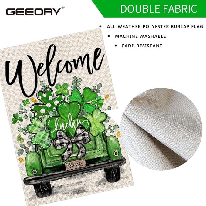 GEEORY St Patricks Day Shamrocks Truck Garden Flag 12 x 18 Inch, Green Lucky Clovers Double Sided Decorative Flag For Outside Yard Lawn Outdoor Decoration GB090-12