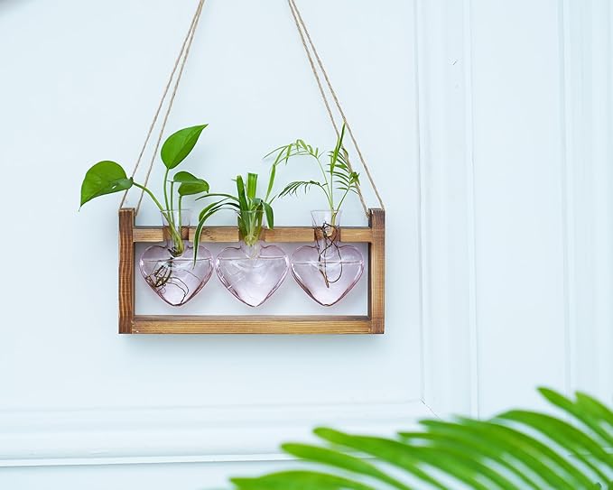 Kingbuy 3-Heart Plant Terrarium Kit - Stained Glass Vase Propagation Station with Vintage Wood Stand - Wall-Mounted & Tabletop Indoor Garden Decor for Home Kitchen Wedding Gift for Plant Lover, Pink