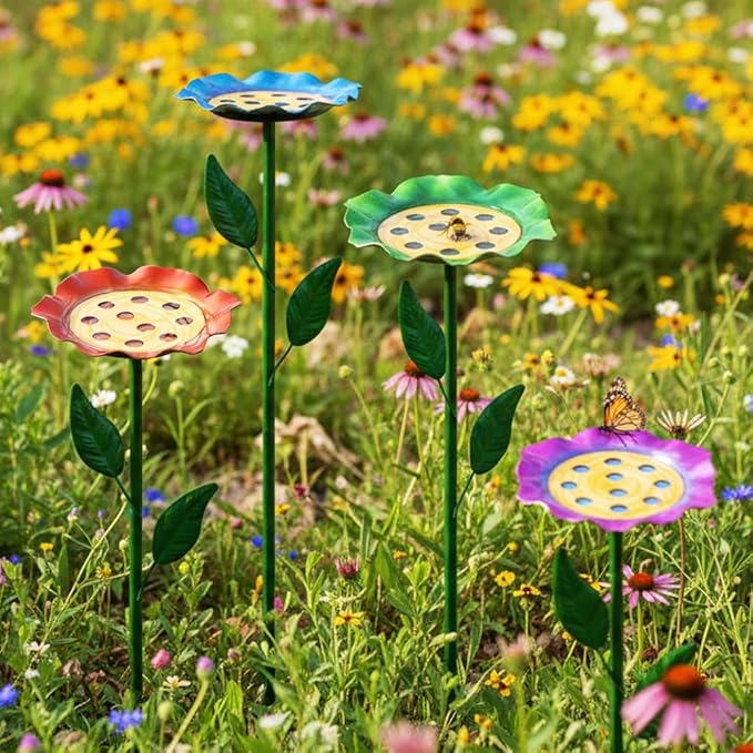 dreamysoul 4 Pack Bee Watering Station, Colorful Metal Bee Bath with Flower Design for Garden Yard