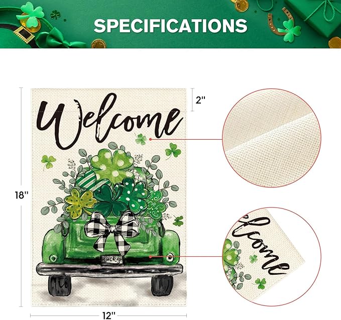 AVOIN colorlife St Patricks Day Truck Garden Flag 12x18 Inch Double Sided Outside, Lucky Shamrocks Clovers Welcome Yard Outdoor Decoration