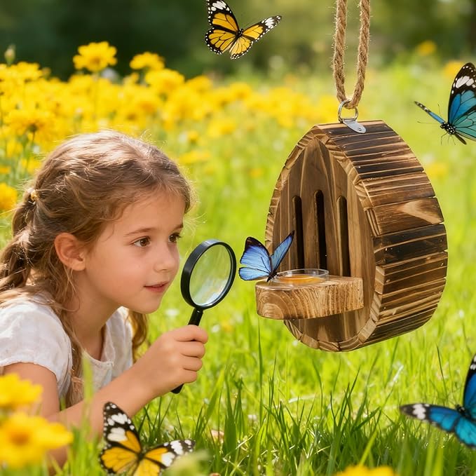 ZOOFOX Wooden Hanging Butterfly House, DIY Butterfly House Kit for Garden, Natural Butterflies Habitat with Feeder for Butterflies, Bees, Ladybug, Easy to Clean