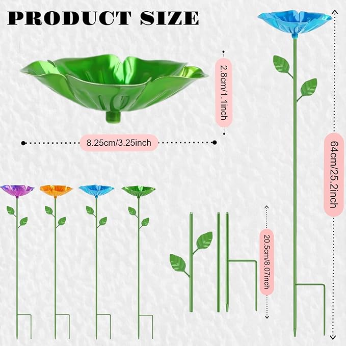 4 Pack Bee Watering Station Outdoor, Metal Flower Stake Feeder for Bees, Butterflies and Hummingbirds, Colorful Garden Yard Decor for Pollinators