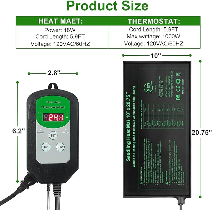 Bestio10"x 20.75" Seedling Heat Mat and Digital Thermostat Combo Set,MET & UL Certified Plant Heat Mat Heat mat for Plants for Germination,Suitable for Indoor Gardening,Greenhouse, Plants Germination