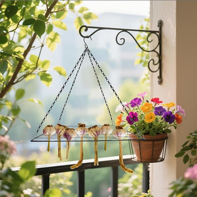 2 Set Garlic & Herb Drying Rack, Hanging Black Metal Mesh Dryer for Onions Herbs and Plants Flower Drying, Space-Saving Storage Rack for Garden, Kitchen Indoor & Outdoor Use (13.8'' x 13.8'')