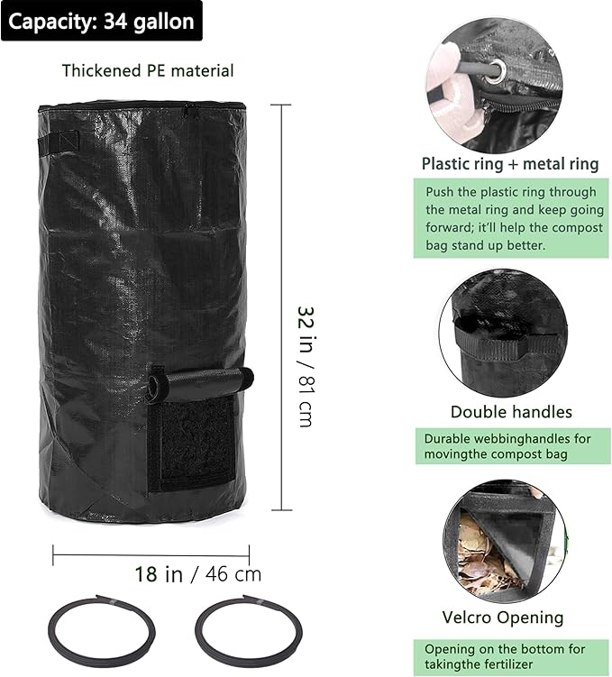 Compost Bin Bags 34 Gallon Garden Compost Bags Outdoor Reusable,Organic Waste Garden Yard Compost Bag Collapsible Leaf Lawn Bags Gardening Container (Black 2pcs)