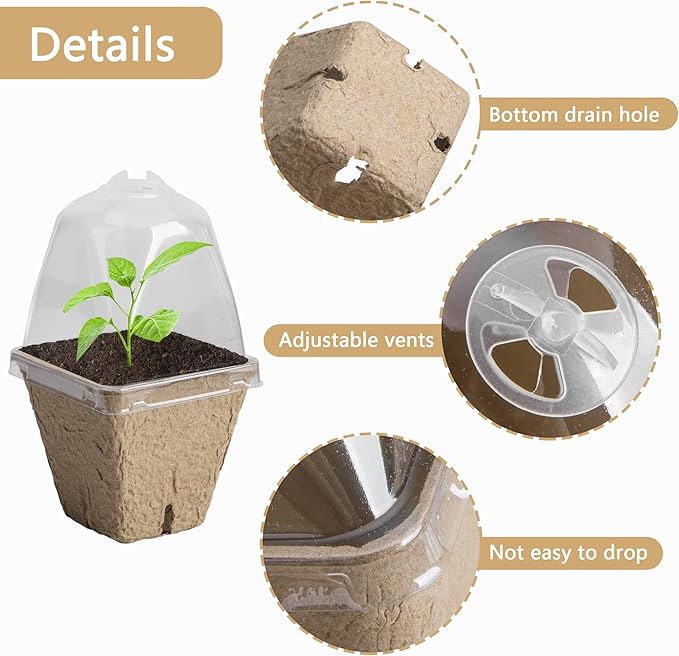 Purple Star 20 Pcs Biodegradable Nursery Pots with Humidity Dome- 2.3 Inch Square Seeding Starter Pot for Planting- Peat Pots for Seedlings Garden Vegetable Flower Germination