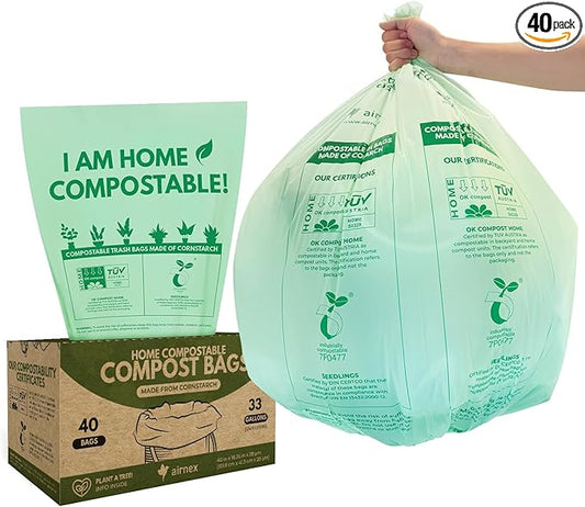 Compostable Kitchen Trash Bags 33 Gal - Cornstrarch Leakproof & Tear Resistant 40 Compost Bags - OK Compost Home & Seedling Certified 0.28 mm Kitchen Garbage Bags
