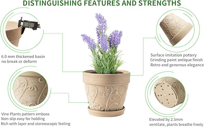 Melphoe Plant Pots Indoor with Drainage & Saucer, 2Pack 7 inch Flower Pots Outdoor Planters for Indoor Plants Garden Home Decor Cactus Succulent, Rigid Plastic (Imitation-Terracotta) Vine-Embossed