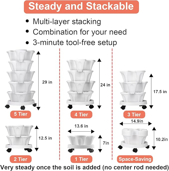 GameXcel Vertical Planter 5 Tier Stackable Planters Garden Planters Strawberry Herb Flower and Vegetable Planter Indoor Outdoor Gardening Pots with Removable Wheels and Tools White