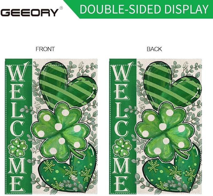 GEEORY St Patricks Day House Flag 28 x 40 Inch, Shamrocks Eucalyptus Hearts Welcome Double Sided Decorative Flag for Outside Yard Lawn Decoration GB009-40