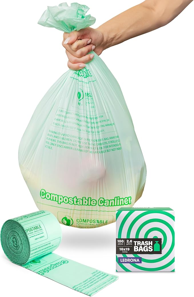 100 Compostable Trash Bags - 2.6 Gallon Garbage Bags for Kitchen Bin - Unscented, Leak Proof, Extra Strong - Disposable Food Waste Basket Liners - Certified by BPI & OK compost HOME by TÜV AUSTRIA