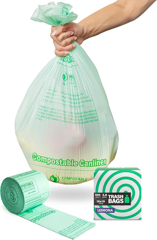100 Compostable Trash Bags - 2.6 Gallon Garbage Bags for Kitchen Bin - Unscented, Leak Proof, Extra Strong - Disposable Food Waste Basket Liners - Certified by BPI & OK compost HOME by TÜV AUSTRIA