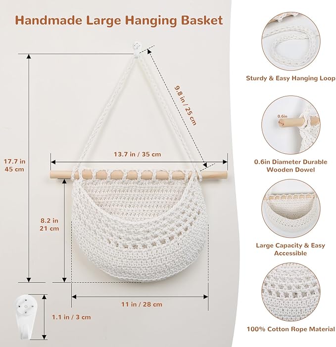 Hanging Baskets for Organizing, 18x11 Inch Wall Hanging Fruit Basket Over the Door Organizer for Fruit Vegetable Plant, Beige Boho Cotton Crocheted Fruit Holder for Kitchen Bathroom Bedroom