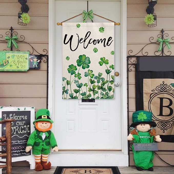 AVOIN colorlife St Patricks Day House Flag 28x40 Inch Double Sided Outside, Shamrocks Four-leaf Clovers Welcome Yard Outdoor Flag
