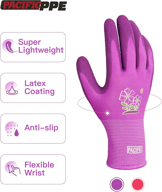PACIFIC PPE 2 Pairs Gardening Gloves for women and Ladies, Rubber Coated Garden Gloves, Outdoor Protective Work Gloves, Small, Pruple & Red