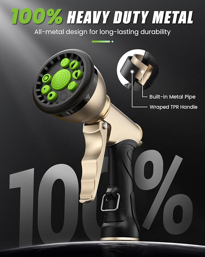 RAINPOINT Garden Hose Nozzle, 9 Spray Patterns Hose Sprayer Nozzle, Heavy Duty Metal Water Hose Nozzle, Adjustable Hand Sprayer, Watering Plants and Lawn, Pet Showering, Green