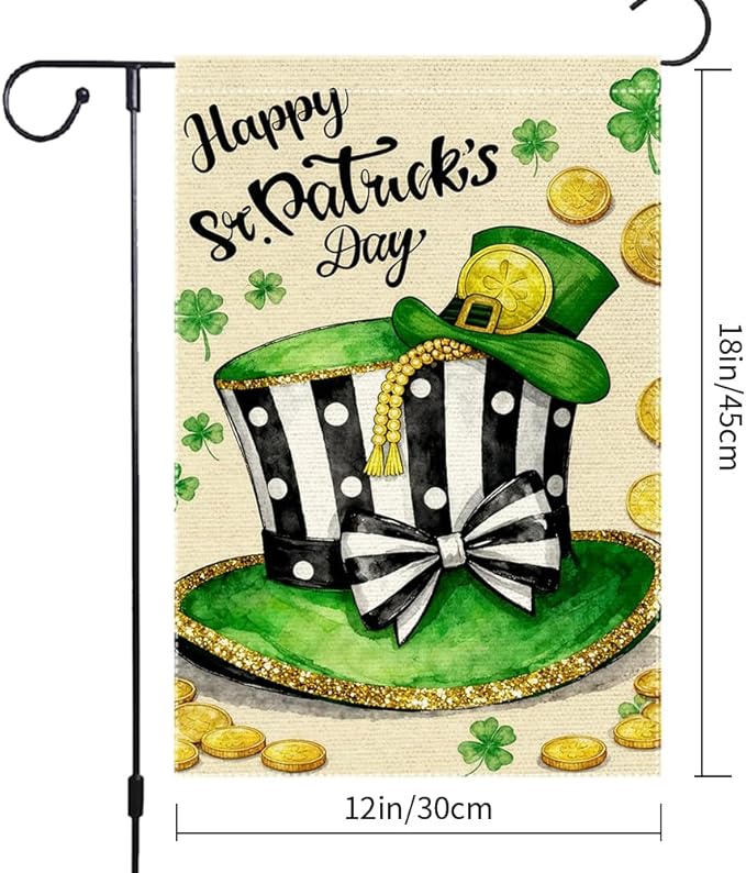 Happy St Patrick's Day Garden Flag 12x18 Inch Double Sided Burlap St Patrick's Day Leprechaun Hat Gold Coins Shamrocks Outdoor Decorations